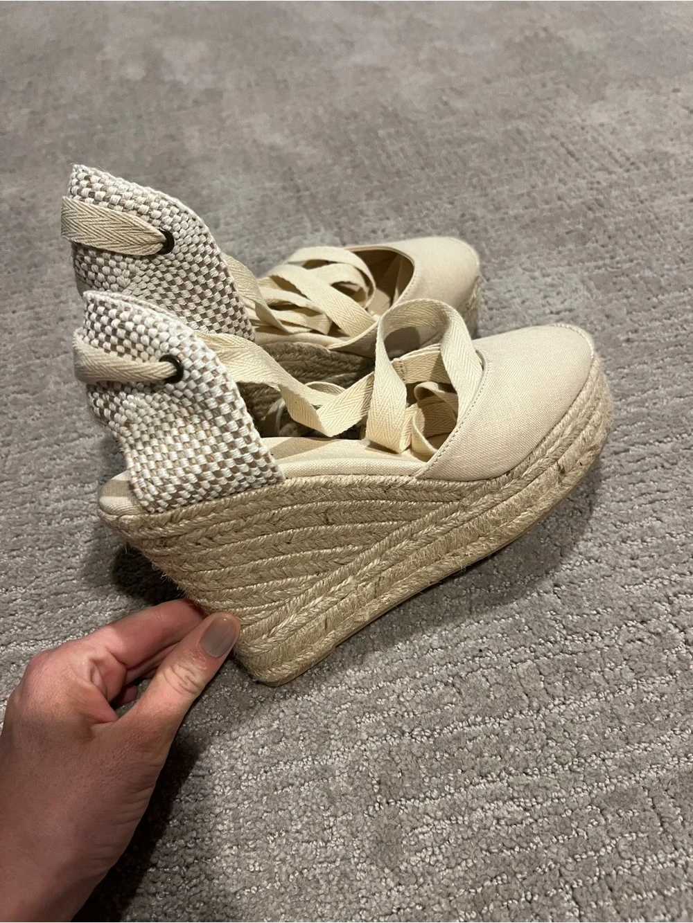 Soludos Cream Canvas Espadrille Wrap Wedge Sandals